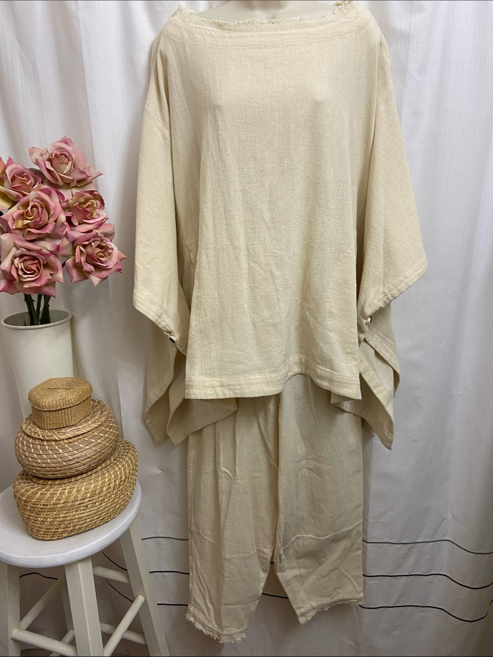 Free People Natural Linen Two-Piece Set Tunic w/pockets & Harem Pants